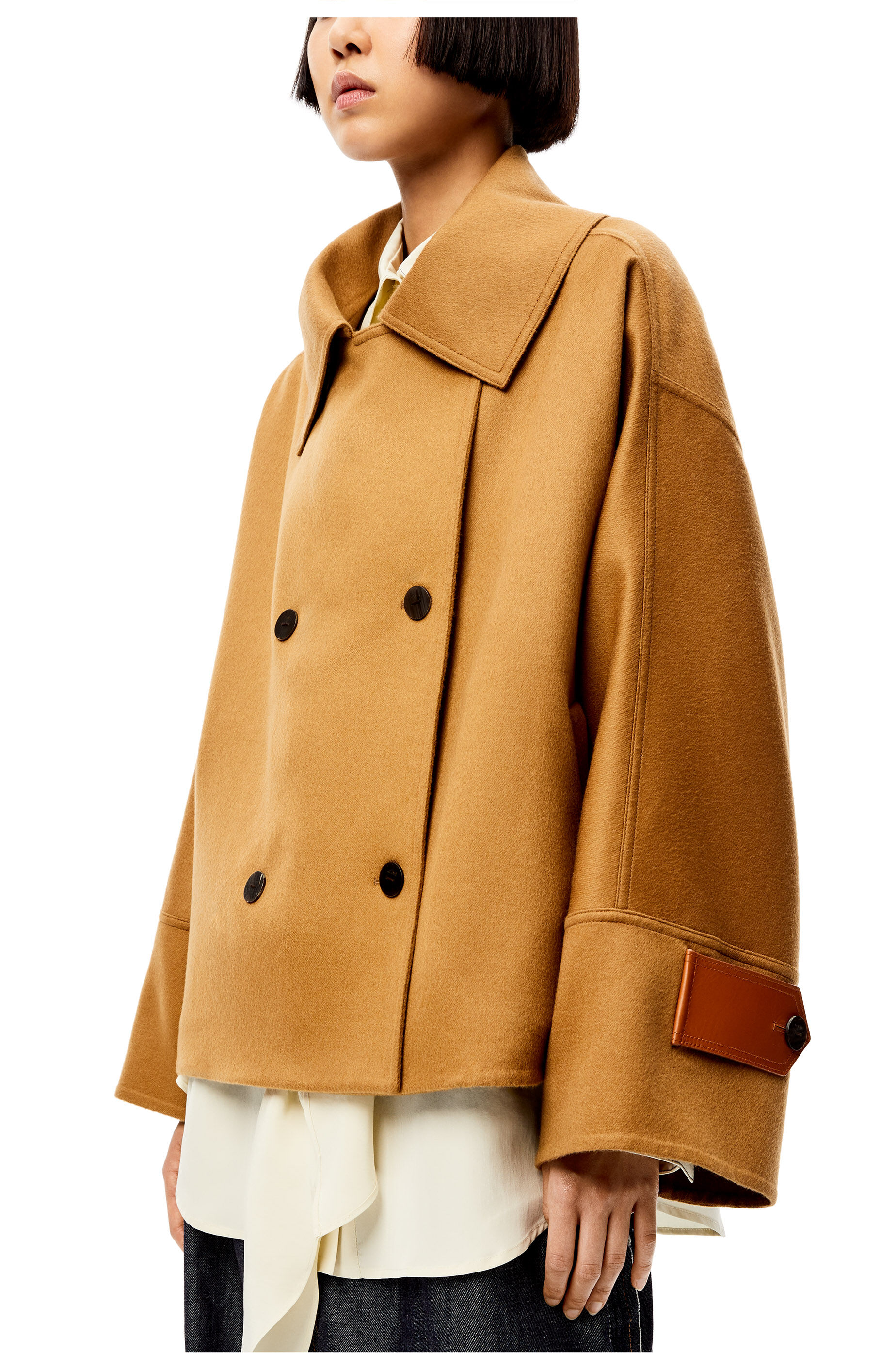 Double breasted short jacket in wool and cashmere Camel LOEWE
