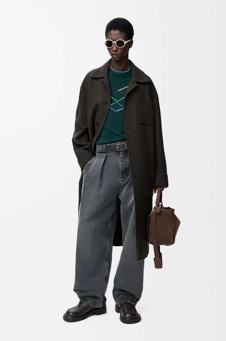 LOEWE Coat in wool and silk Khaki Brown/Blue