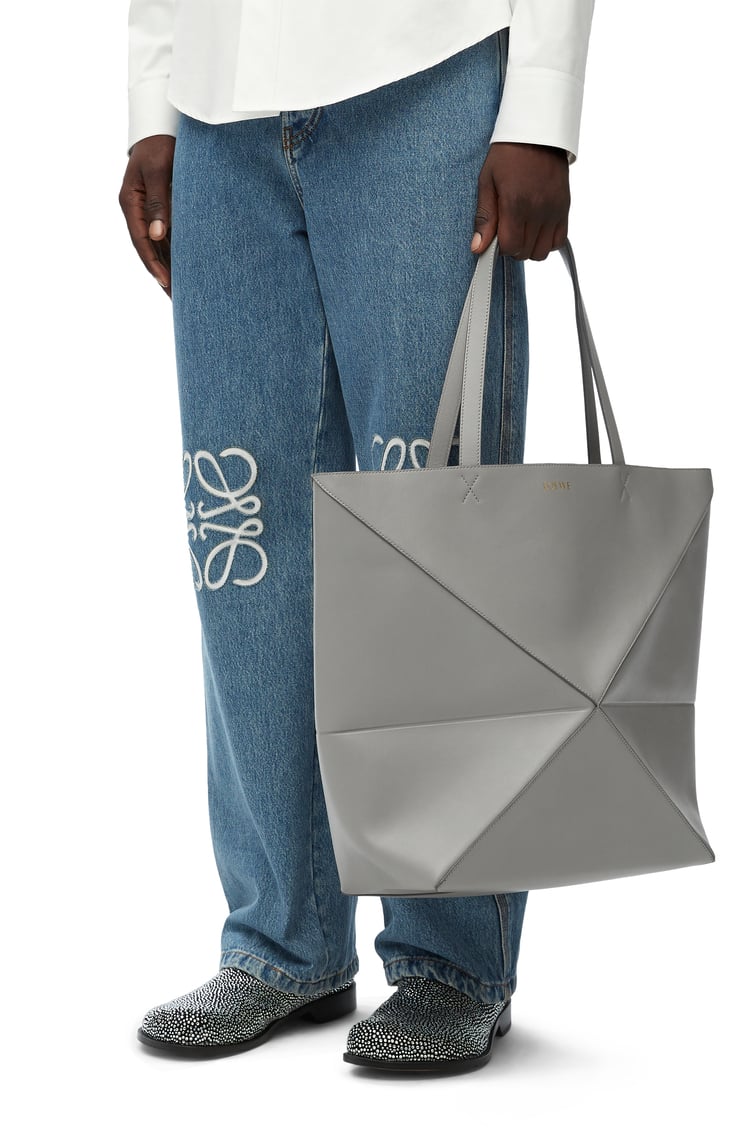 LOEWE XL Puzzle Fold Tote in shiny calfskin Pearl Grey
