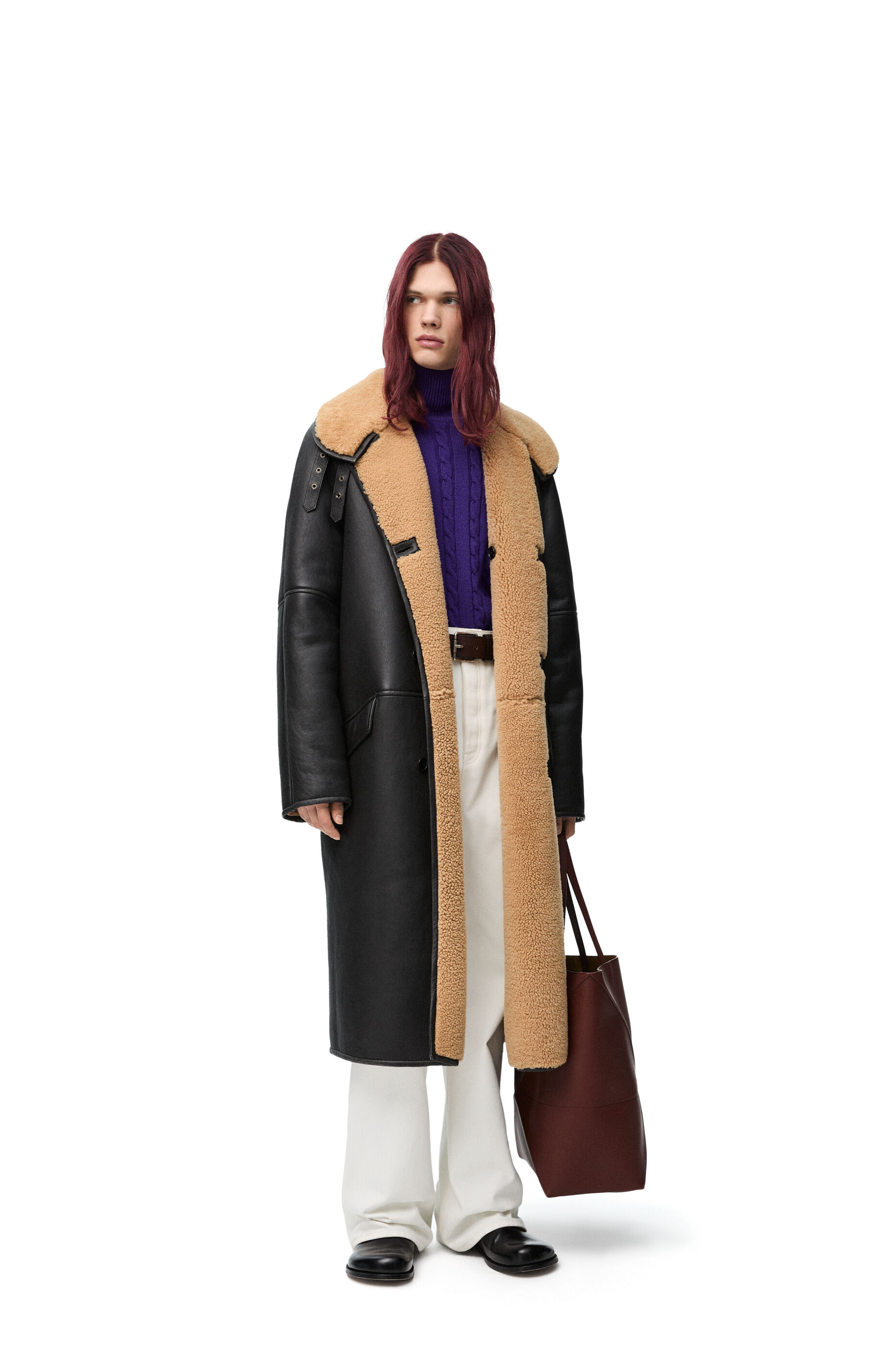 Double breasted coat in shearling Camel Black LOEWE