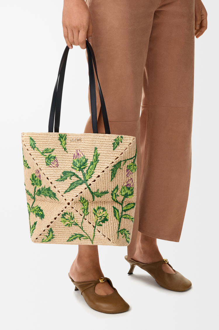 LOEWE Medium Puzzle Fold tote in raffia and calfskin Natural/Green