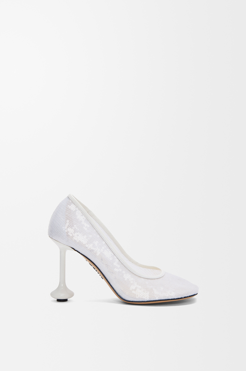 LOEWE 26S OPEN-BACK HIGH HEELS 100MM IN LIGHT BLUE CALFSKIN WITH FUR