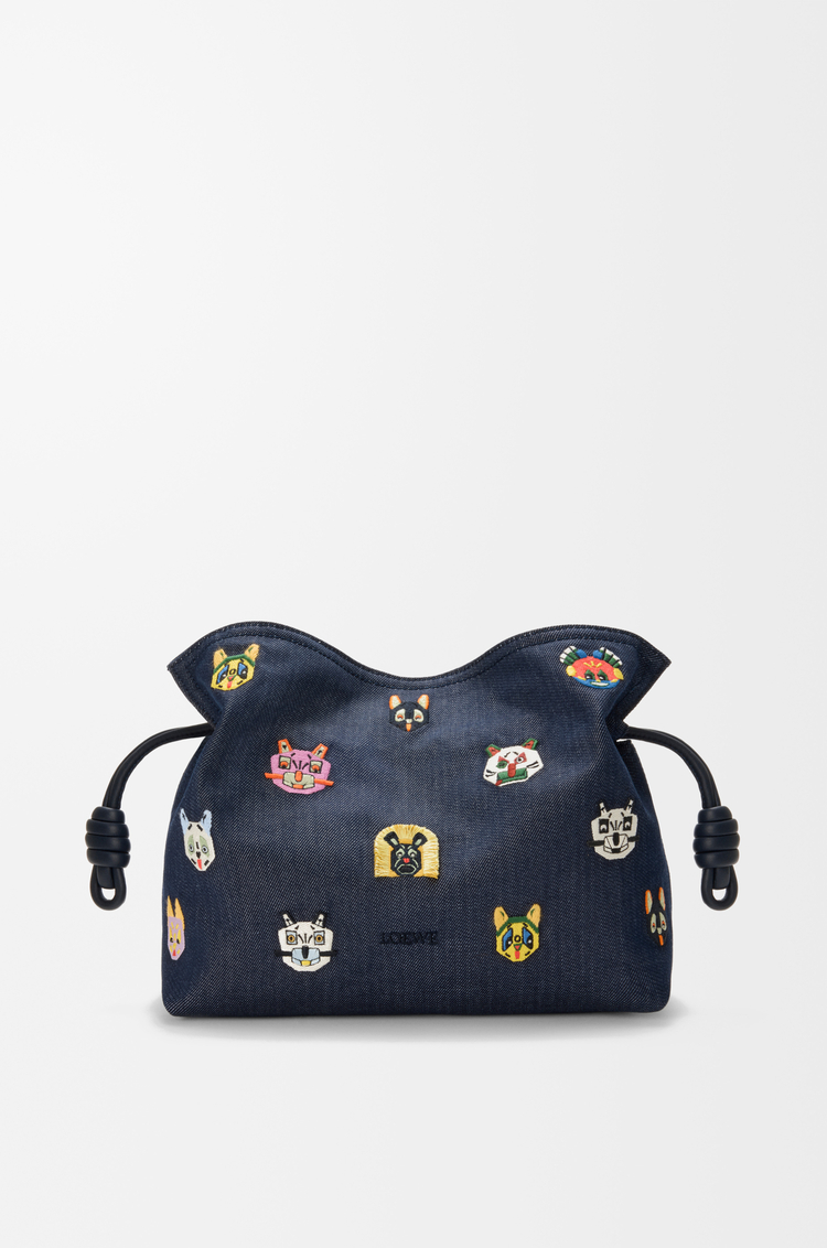 LOEWE Cats medium Flamenco clutch in embroidered denim Blue