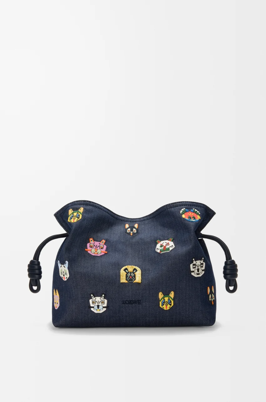 Cats medium Flamenco clutch in embroidered denim