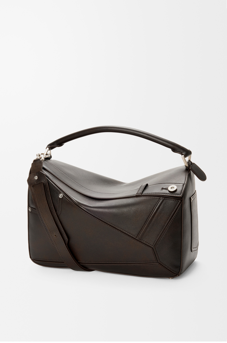 LOEWE Große Puzzle Panta Tasche aus glänzendem Kalbsleder Vintage-braun