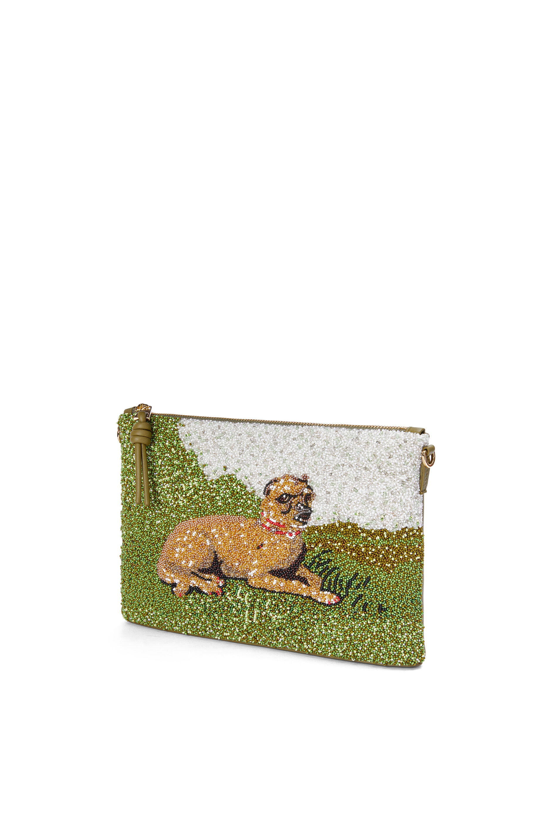 Oblong pouch in beaded leather Olive LOEWE