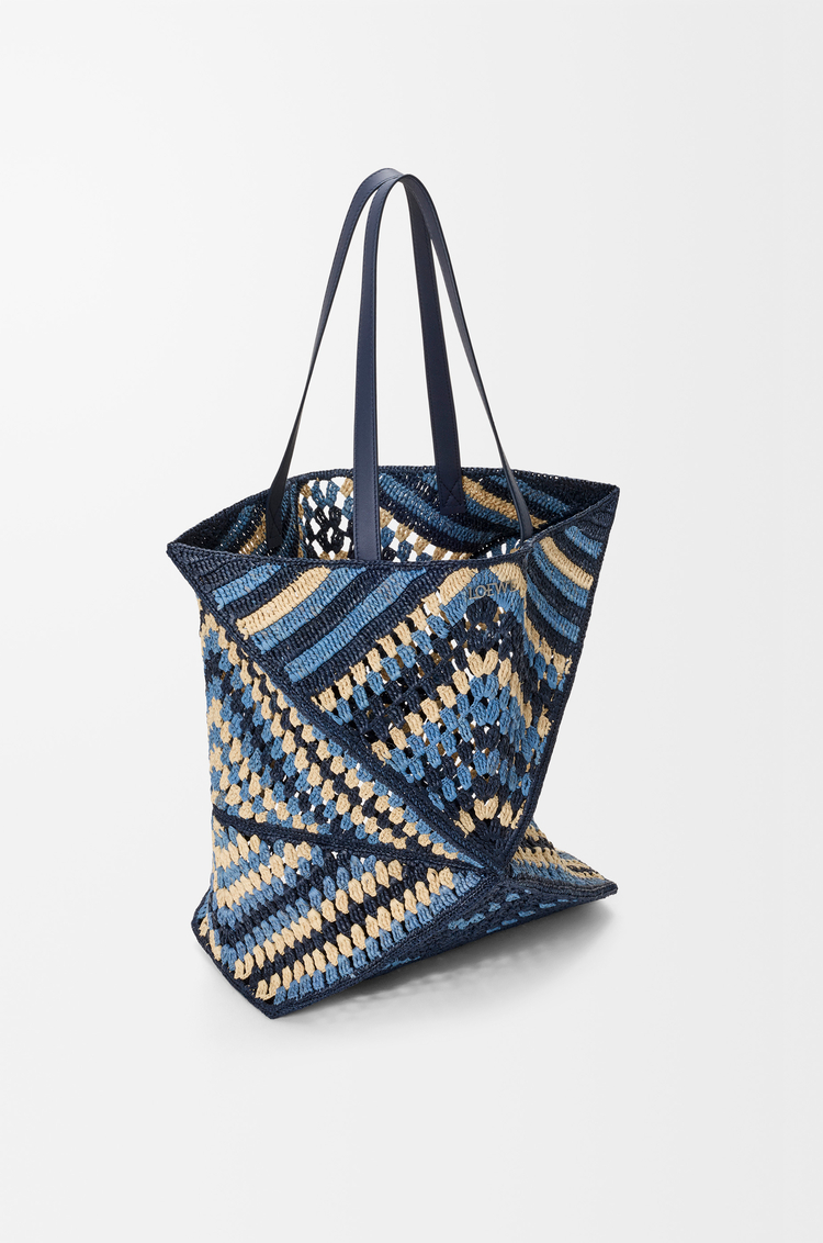 LOEWE XL Puzzle Fold tote in raffia  Navy/Sky Blue