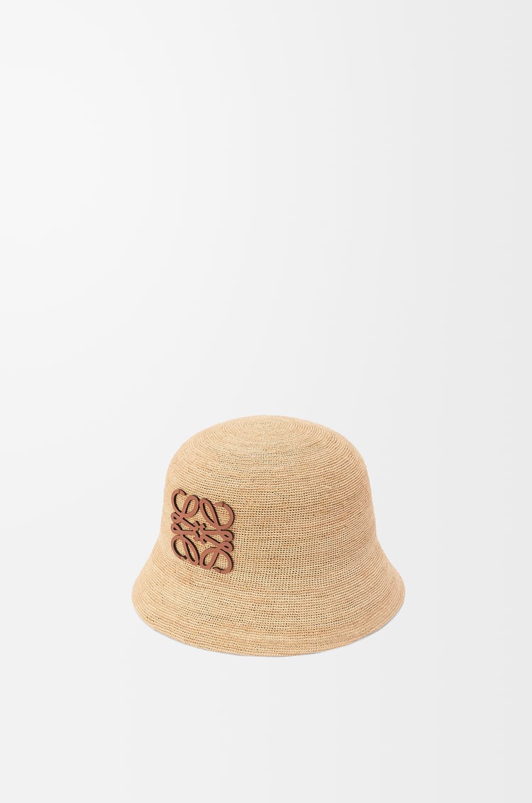 LOEWE 拉菲草和牛皮革水桶帽 自然色