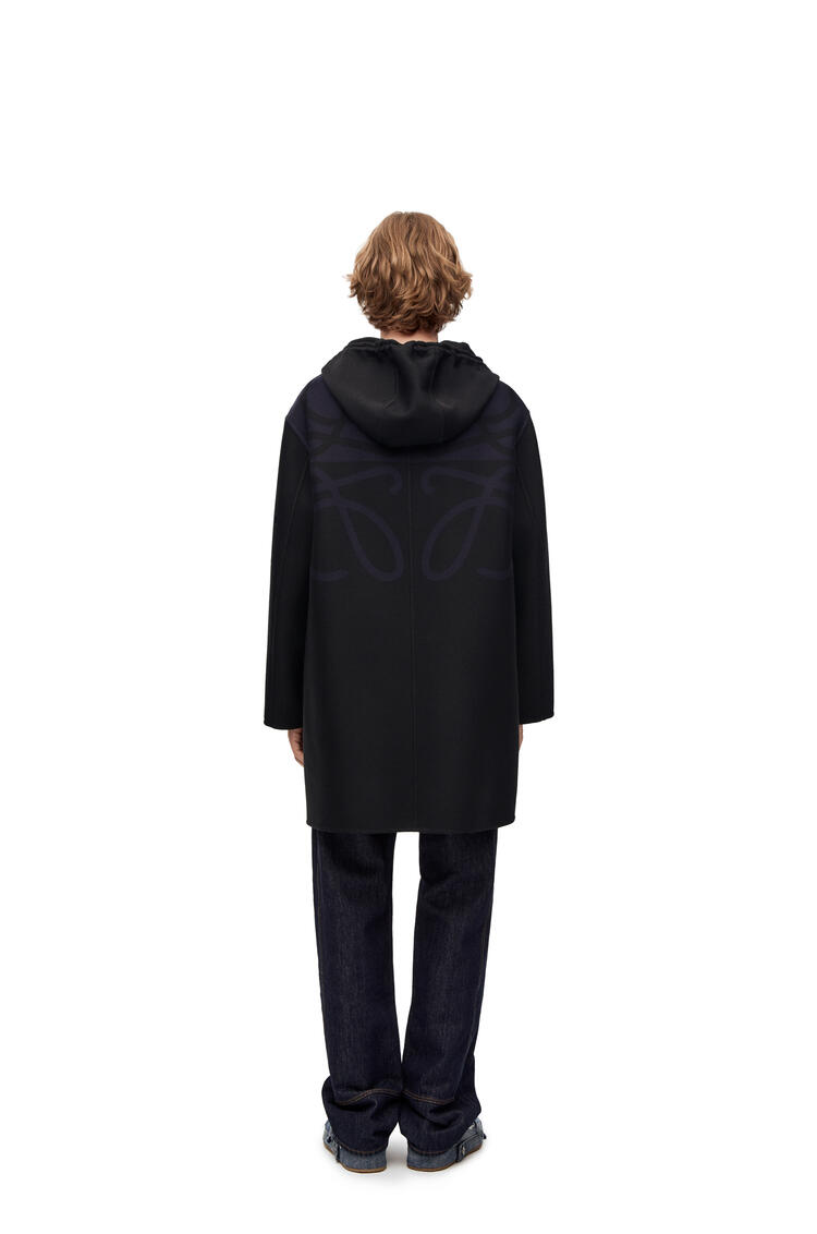 LOEWE Abrigo en lana y seda con capucha y anagrama Negro/Azul Marino