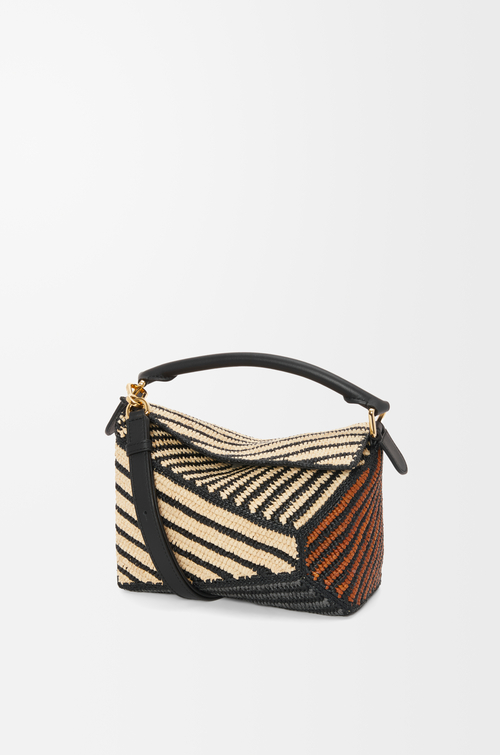 Small Puzzle bag in raffia and calfskin Natural/Honey Gold - LOEWE
