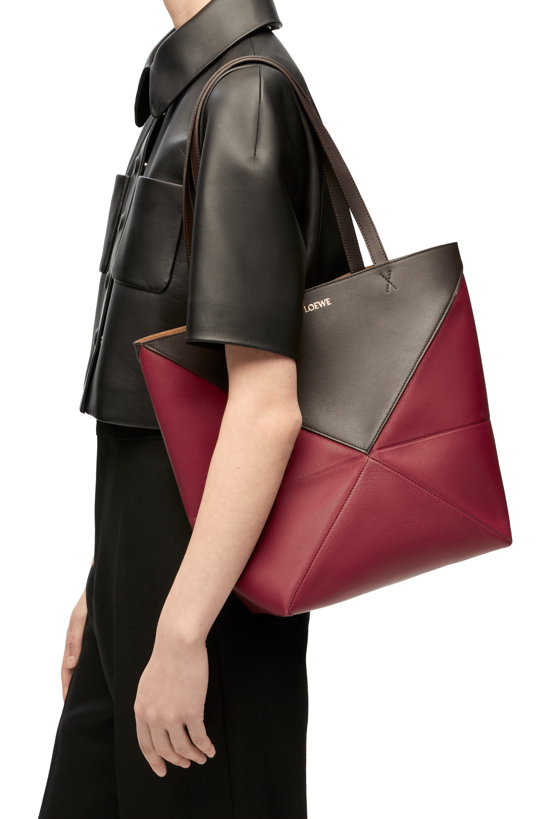 Puzzle Fold Tote in shiny calfskin Chocolate/Burgundy LOEWE