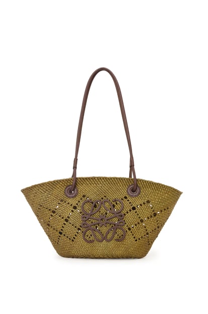 LOEWE Small Anagram Basket bag in iraca palm and calfskin Olive/Chestnut