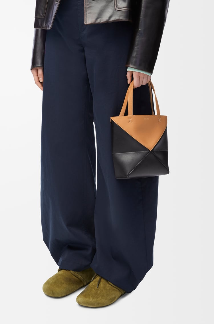 LOEWE Mini Puzzle Fold Tote in shiny calfskin Warm Desert/Black