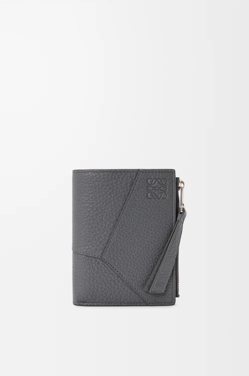 LOEWE 柔軟粒面小牛皮 Puzzle 窄版短夾 藍灰色
