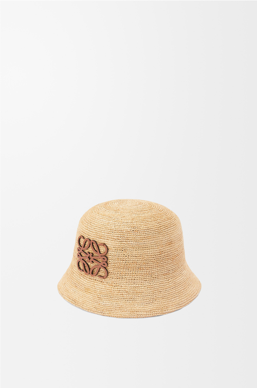 LOEWE Bucket hat in raffia and calfskin Natural
