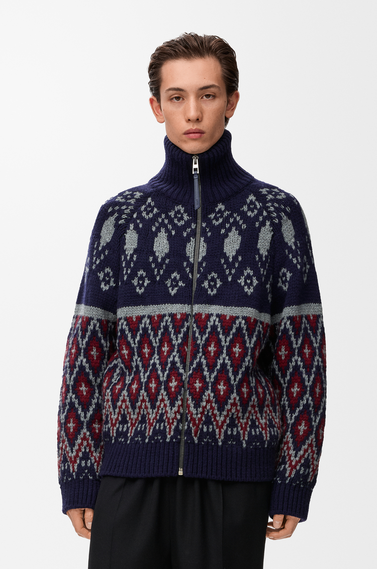 LOEWE ジップアップ カーディガン（ウール） ネイビーブルー/グレー