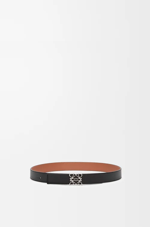 LOEWE 光滑牛皮革双面 Anagram 腰带 黑色/焦糖棕/钯金色