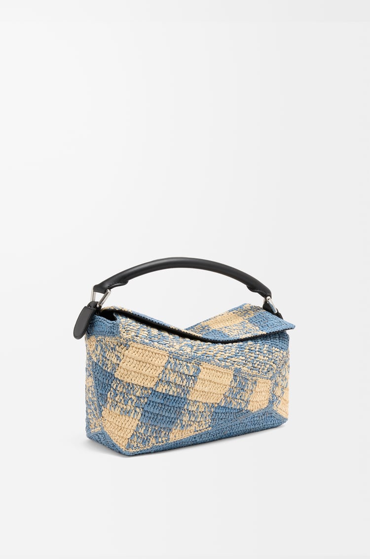 LOEWE Small Puzzle Edge bag in raffia and calfskin Natural/Light Blue