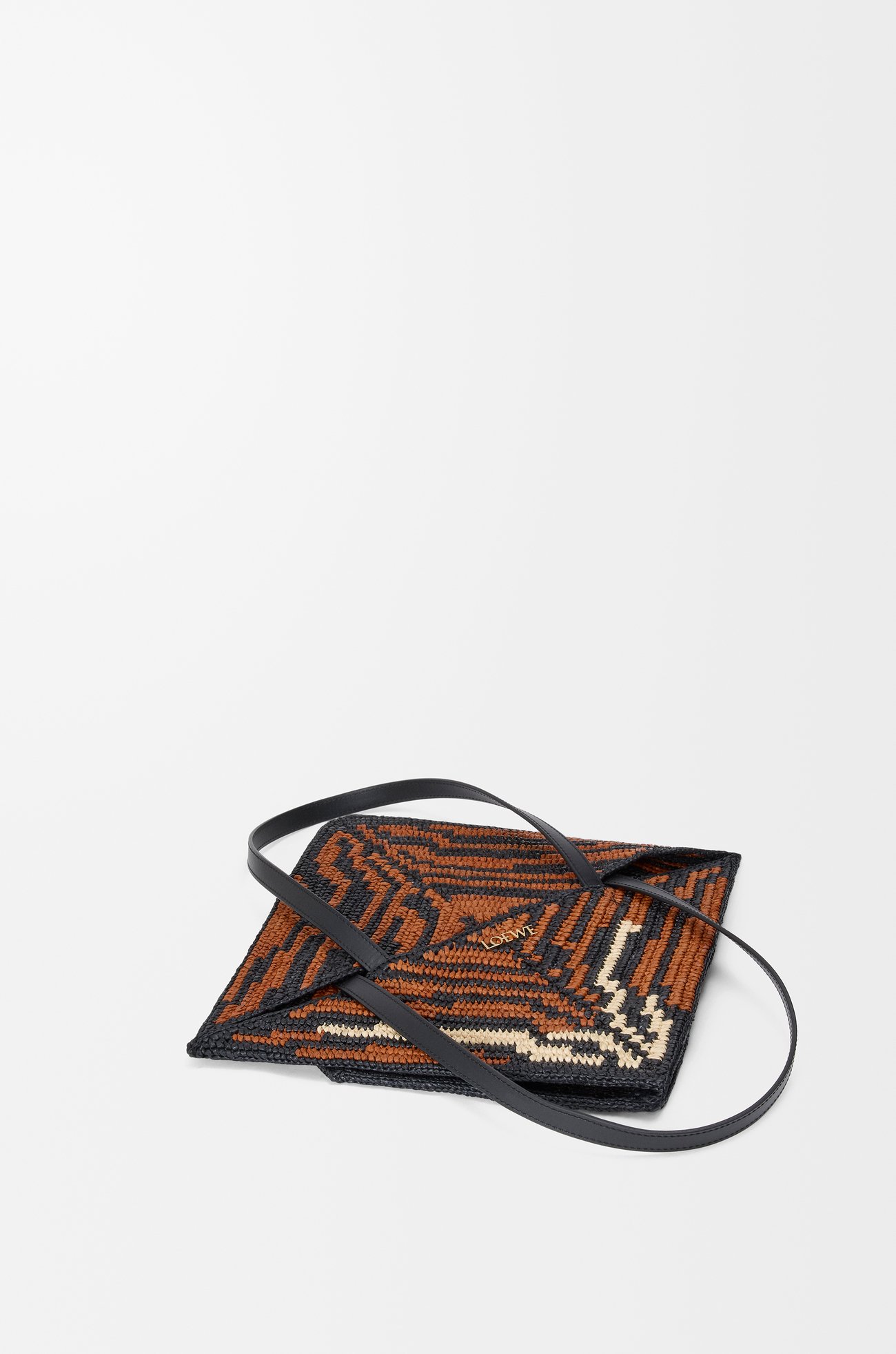 LOEWE Medium Puzzle Fold Tote in raffia and calfskin Black/Honey Gold