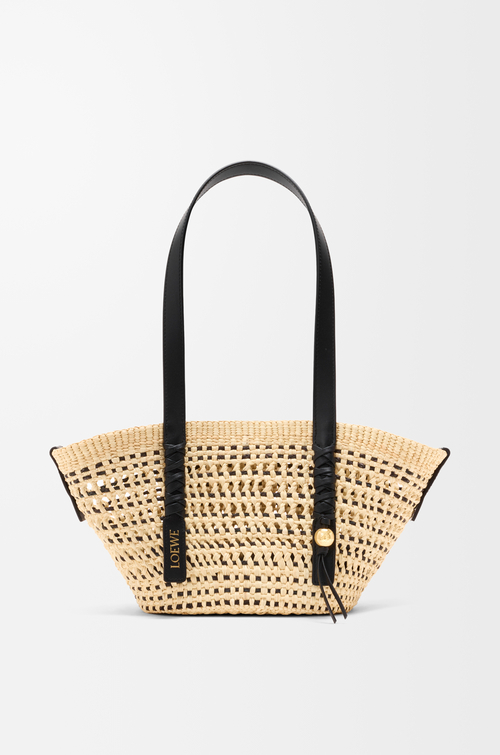LOEWE Small Braid basket in iraca palm ad calfskin Natural/Black
