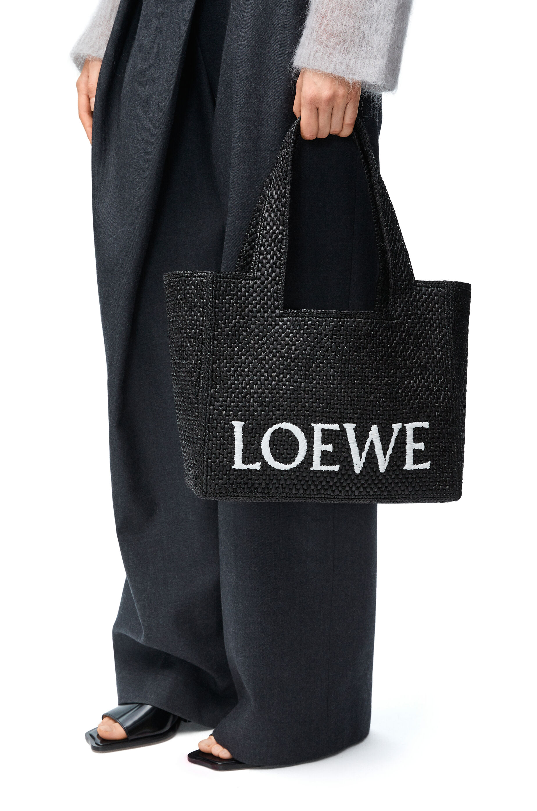 Medium LOEWE Font Tote in raffia Black LOEWE