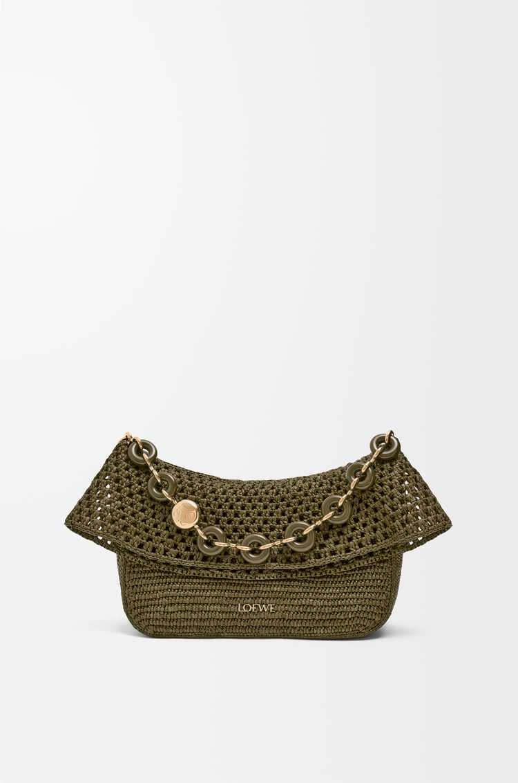 LOEWE Bolso Ola mediano en rafia y piel de ternera Verde Caqui Oscuro