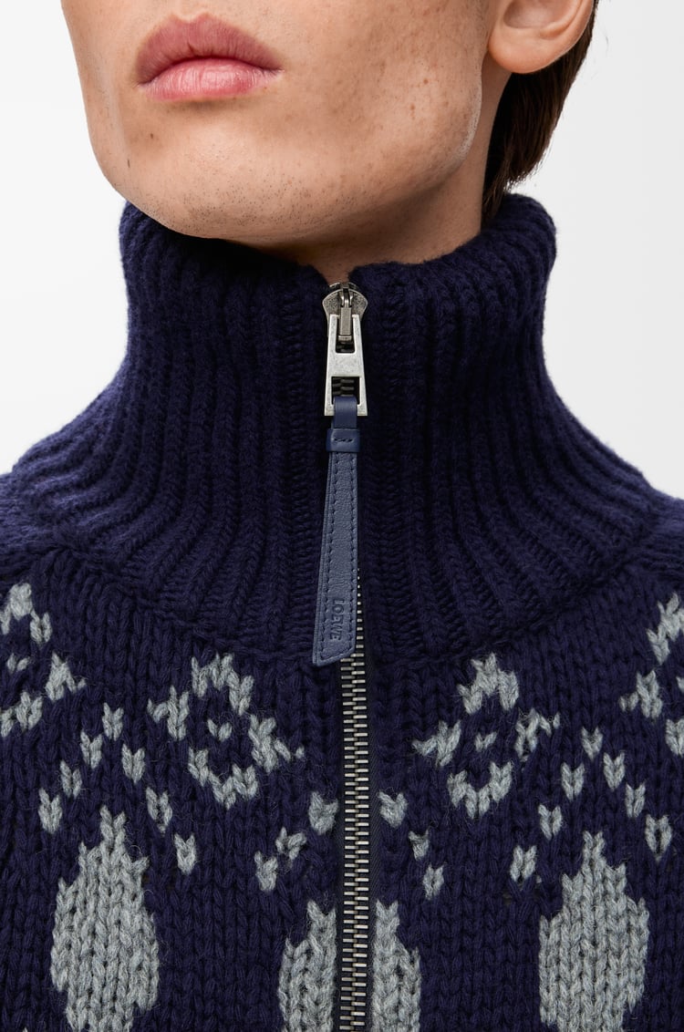 LOEWE Cardigan zippé en laine Bleu Marine/Gris