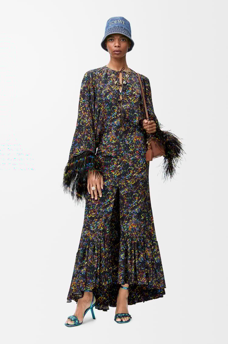 LOEWE Vestido Feather en viscosa y seda Negro/Multicolor