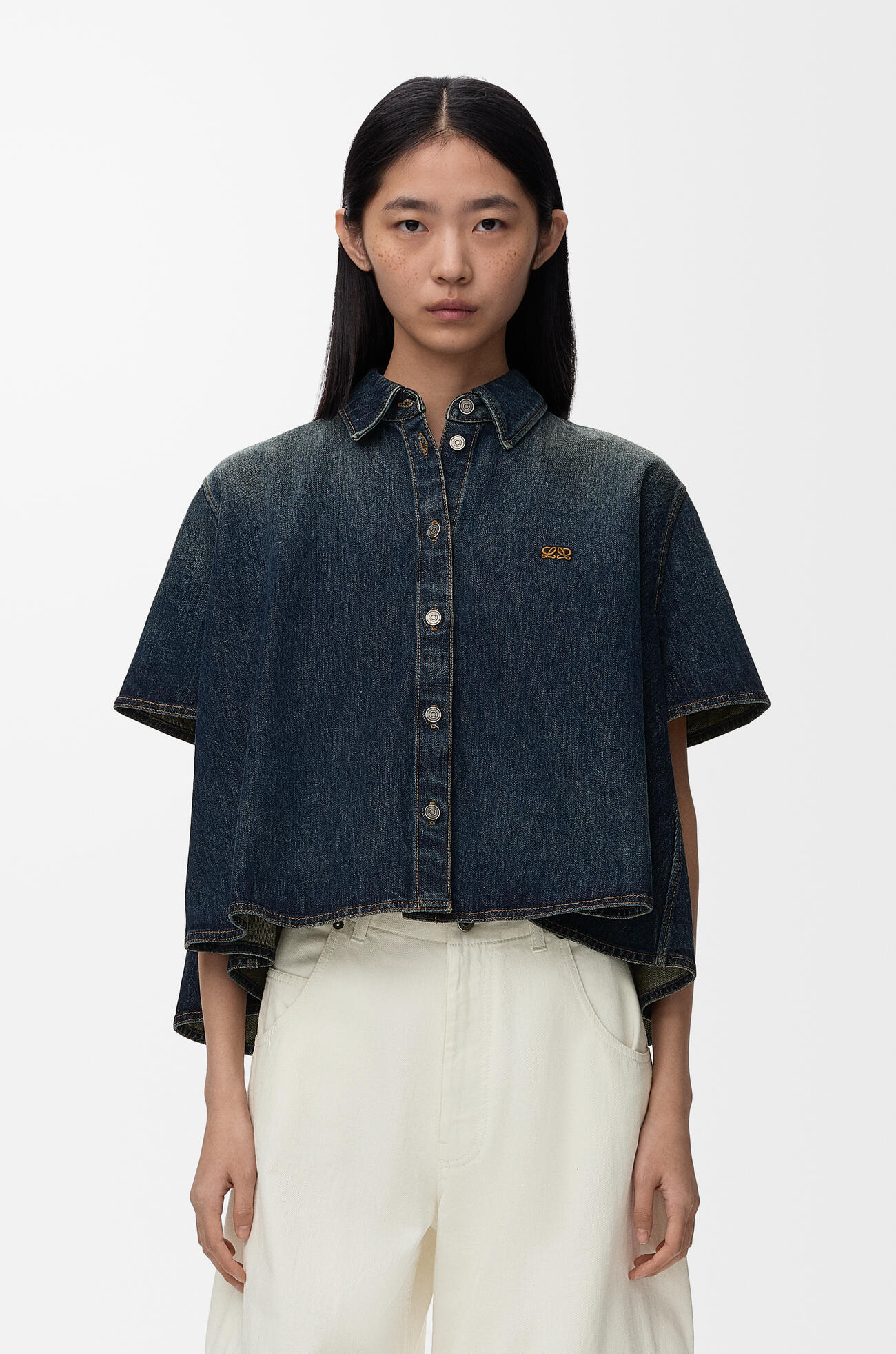 LOEWE Camisa trapecio de manga corta en denim Azul Oscuro