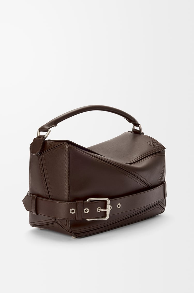 LOEWE Large Puzzle Biker bag in shiny calfskin Dark Brownie