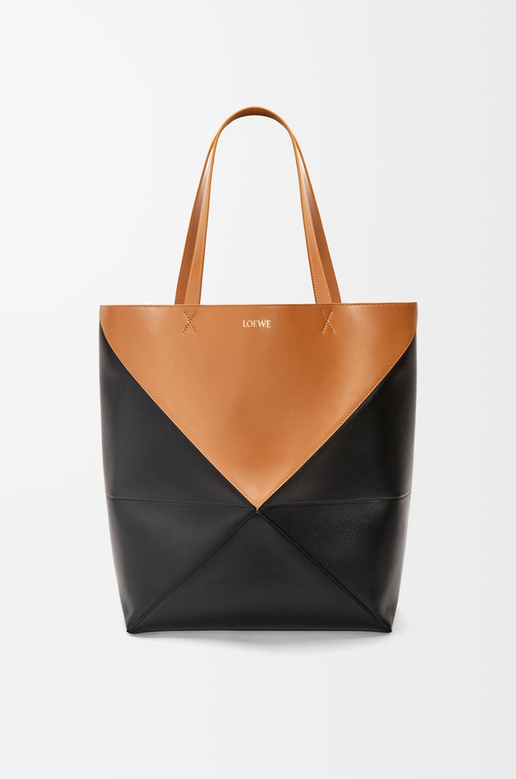 LOEWE XL Puzzle Fold Tote in shiny calfskin Black/Warm Desert
