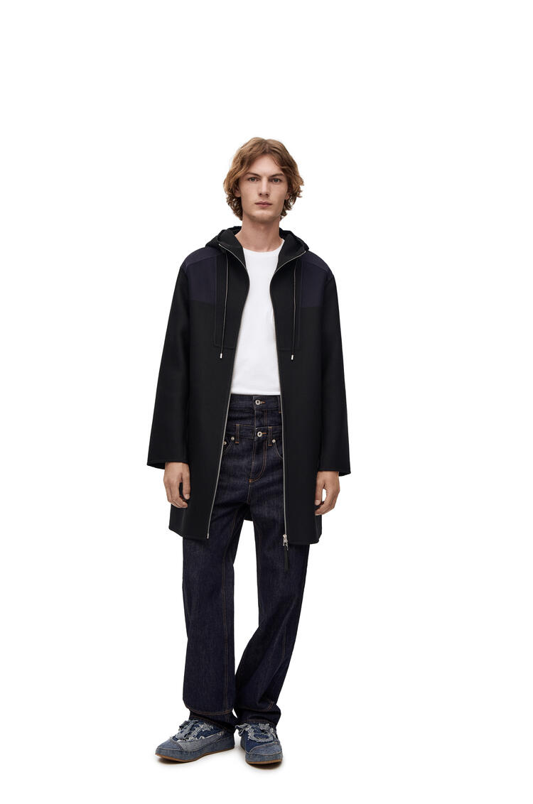 LOEWE Abrigo en lana y seda con capucha y anagrama Negro/Azul Marino