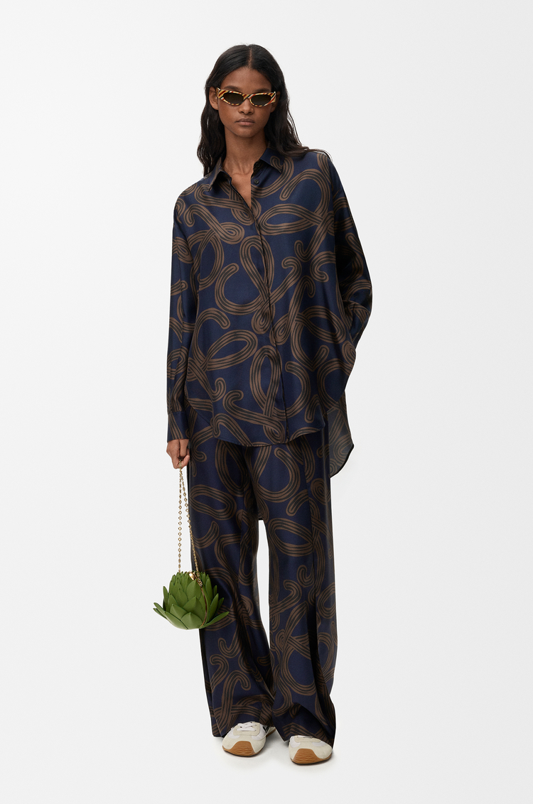 LOEWE Camisa en seda Azul Marino/Marrón