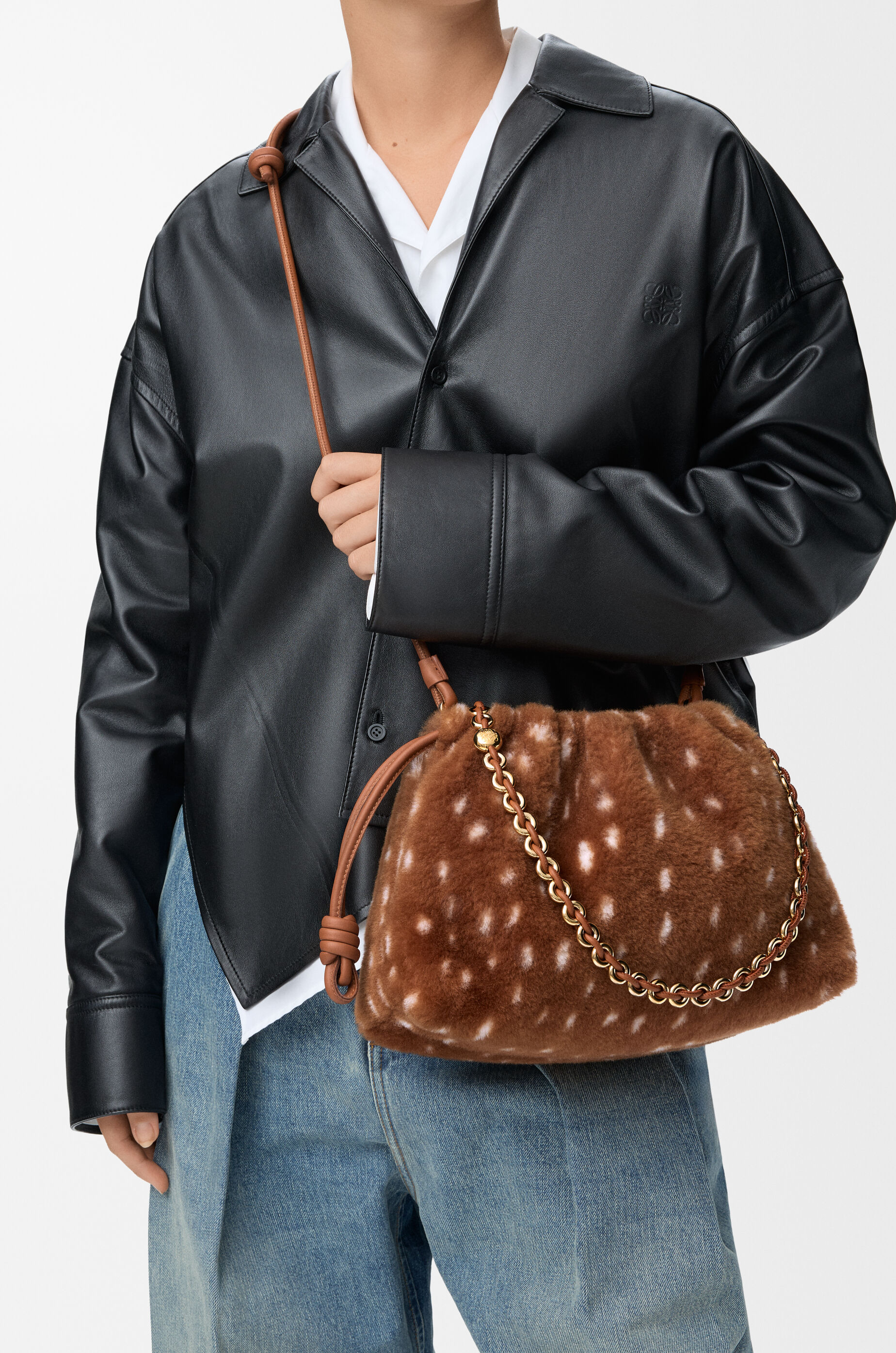 Medium Flamenco purse in printed shearling Brown - LOEWE USA