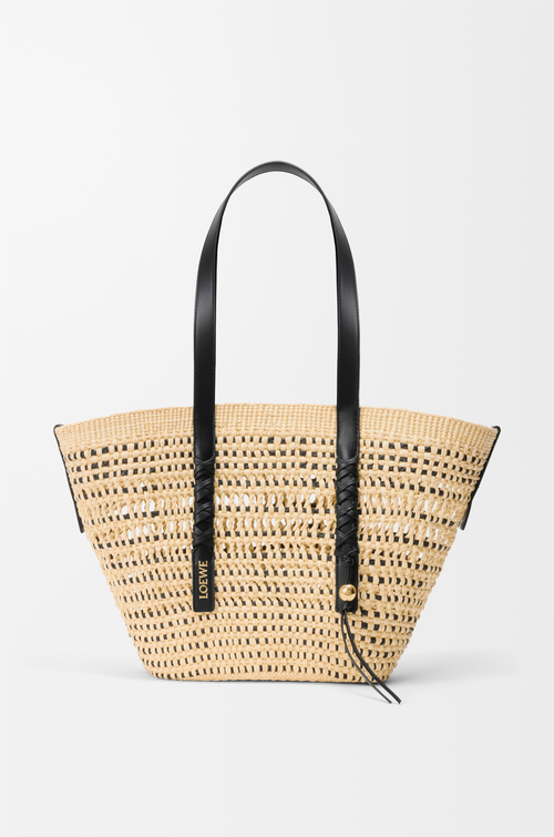 LOEWE Medium Braid basket in iraca palm and calfskin Natural/Black
