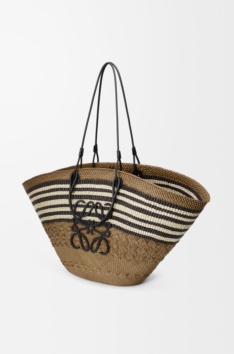 LOEWE Large Anagram basket in iraca palm and calfskin Dark Khaki/Black