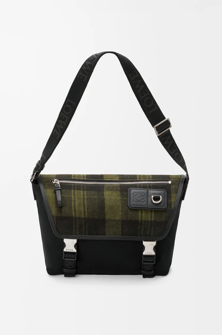 LOEWE Medium Flex messenger in canvas and brushed suede Khaki/Black