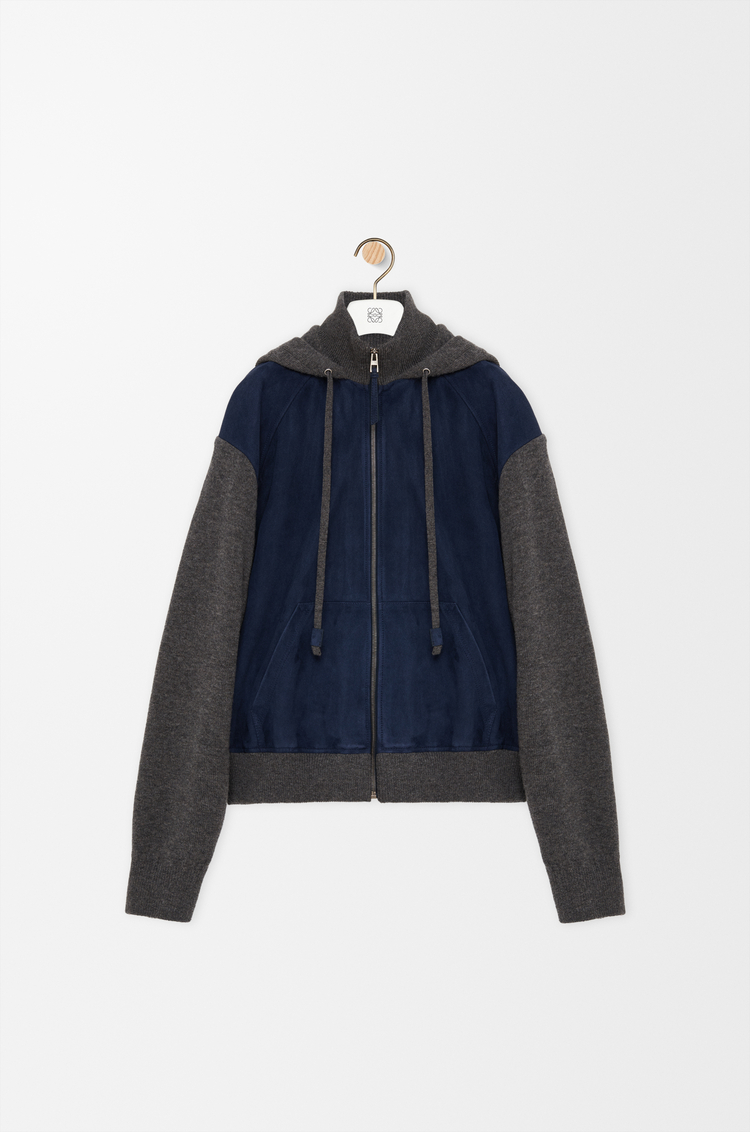 LOEWE Felpa con cappuccio e zip Hybrid in lana e pelle di capra scamosciata Blu Navy
