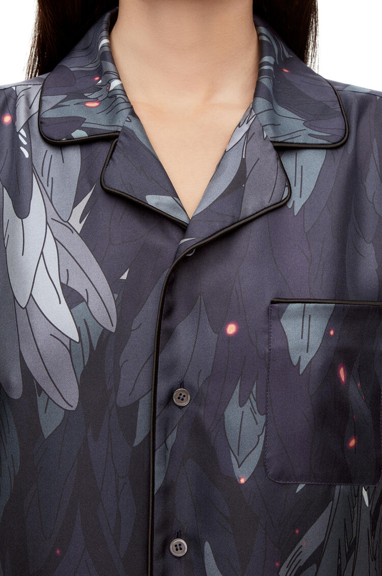 LOEWE Blusa tipo pijama en seda con plumas Azul Marino