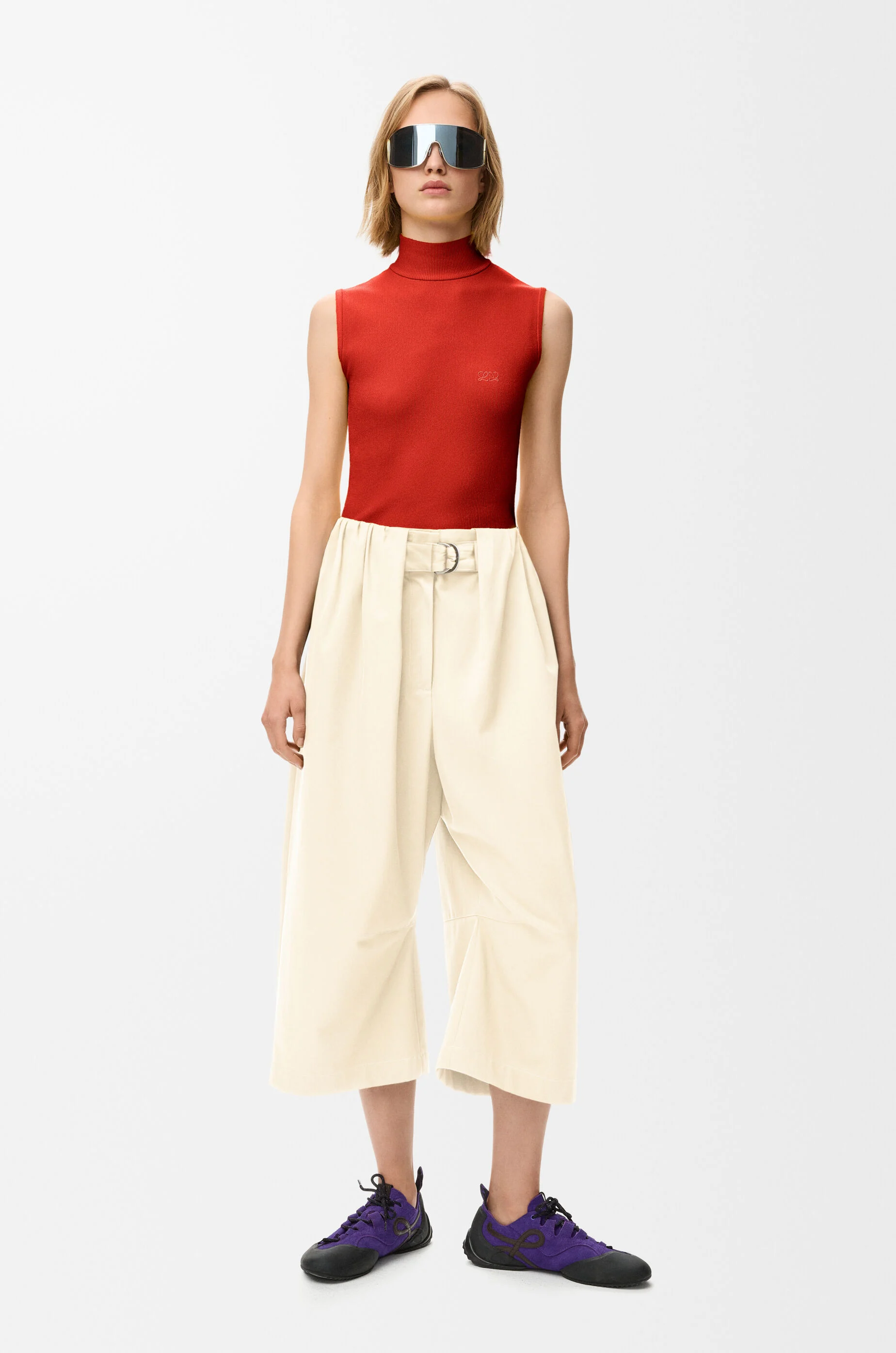 Cropped belted trousers in cotton and silk Beige - LOEWE