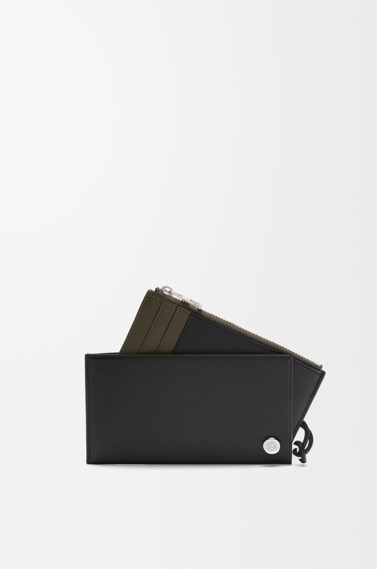LOEWE Pebble Slider coin cardholder in shiny nappa calfskin Black/Dark Khaki plp_rd