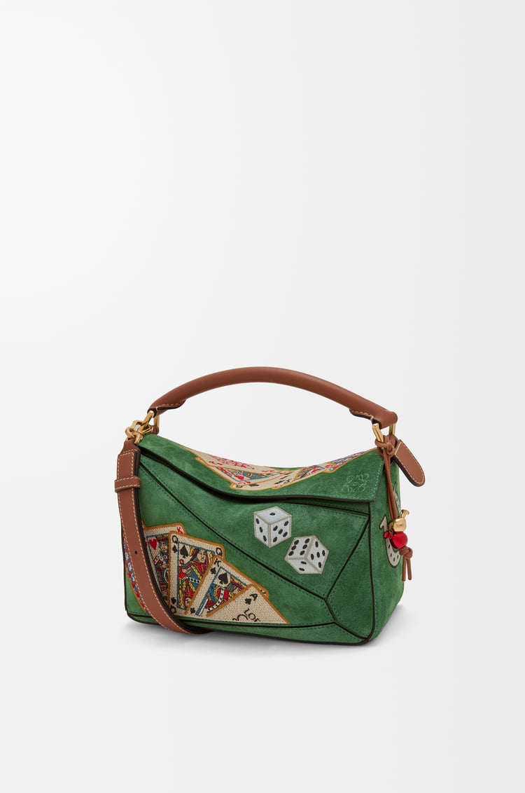LOEWE Puzzle 10 SS18 Runway re-edition bag in calfskin suede Green/Tan