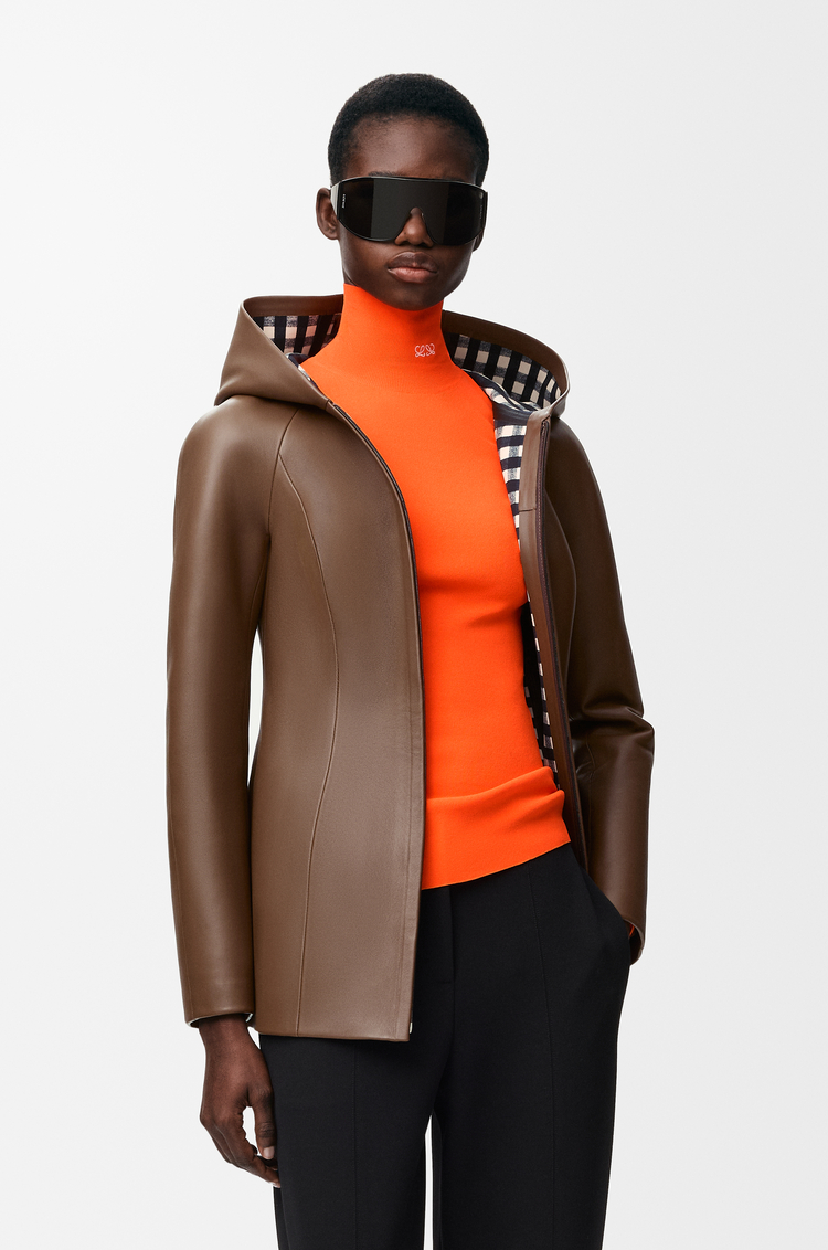 LOEWE Chaqueta con capucha en piel napa de cordero Marrón