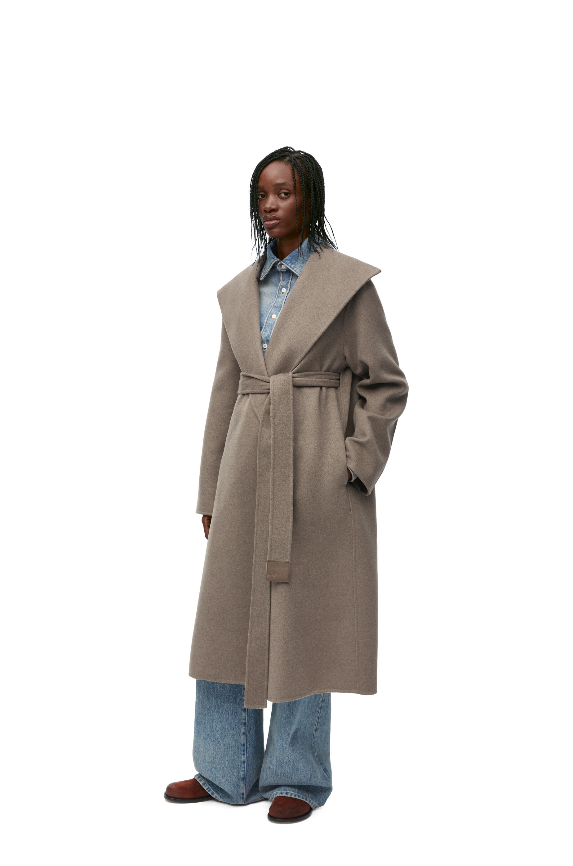 Belted coat in wool and cashmere Taupe Melange LOEWE