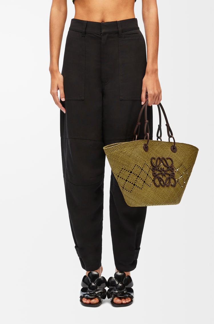 LOEWE Medium Anagram Basket bag in iraca palm and calfskin Olive/Chestnut
