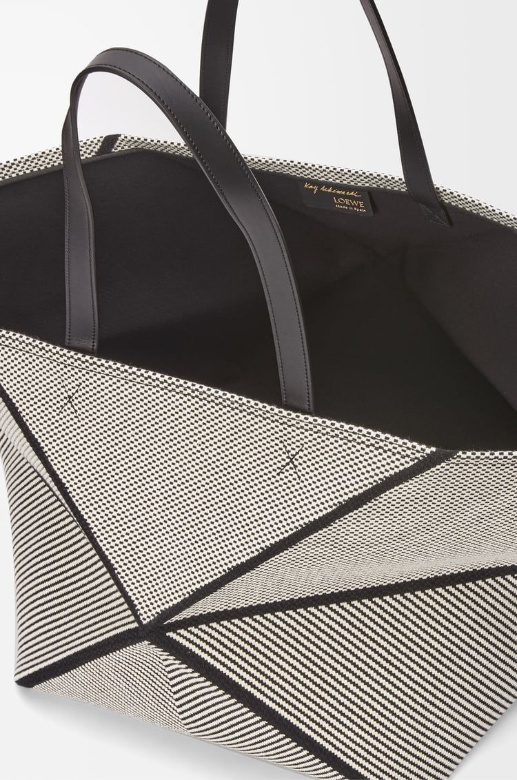 LOEWE XXL Puzzle Fold tote in canvas jacquard and calfskin Natural/Black