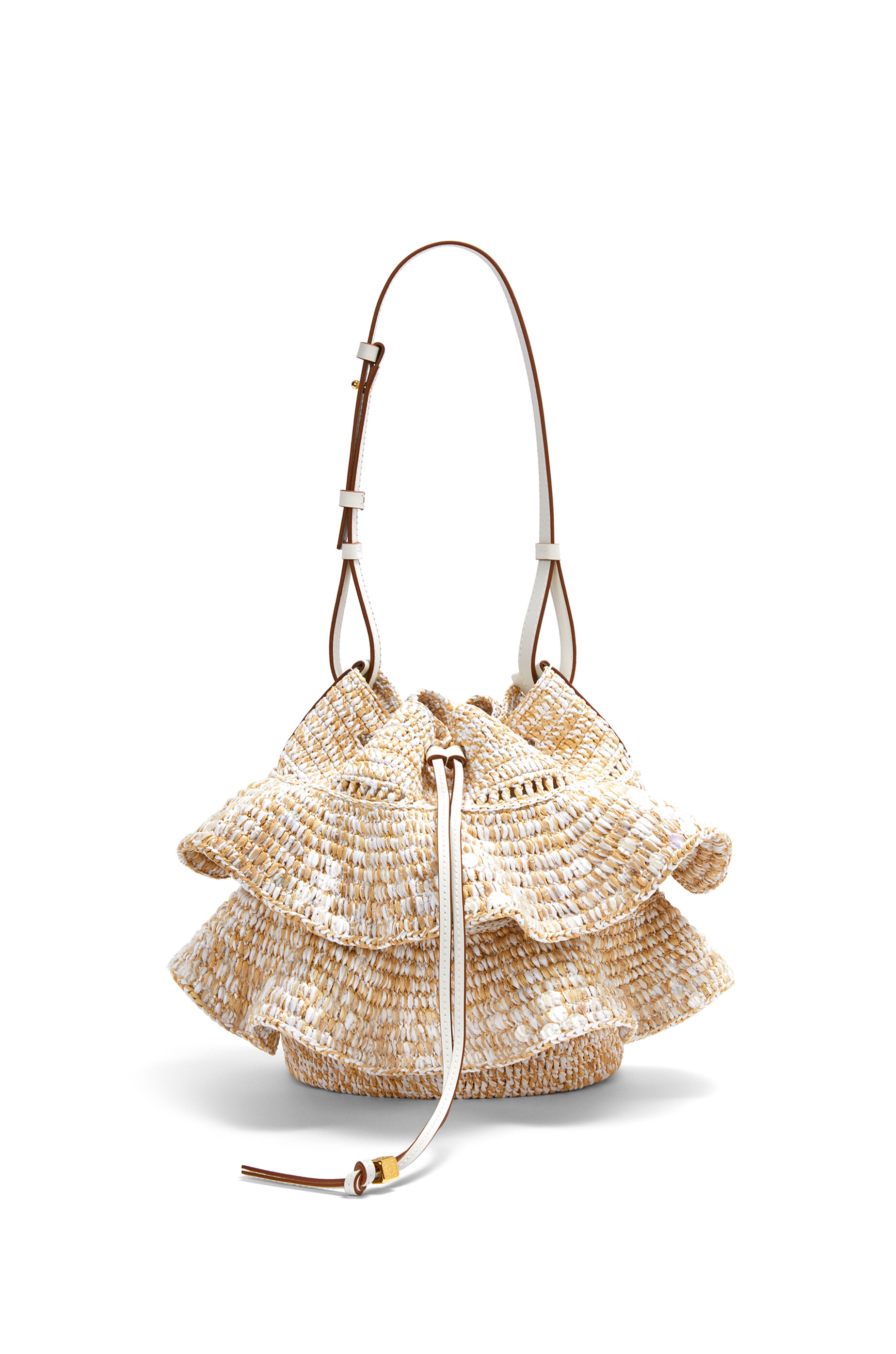 Bolso Balloon Ruffles en rafia con lentejuelas y piel de ternera  Natural/Blanco Suave - LOEWE