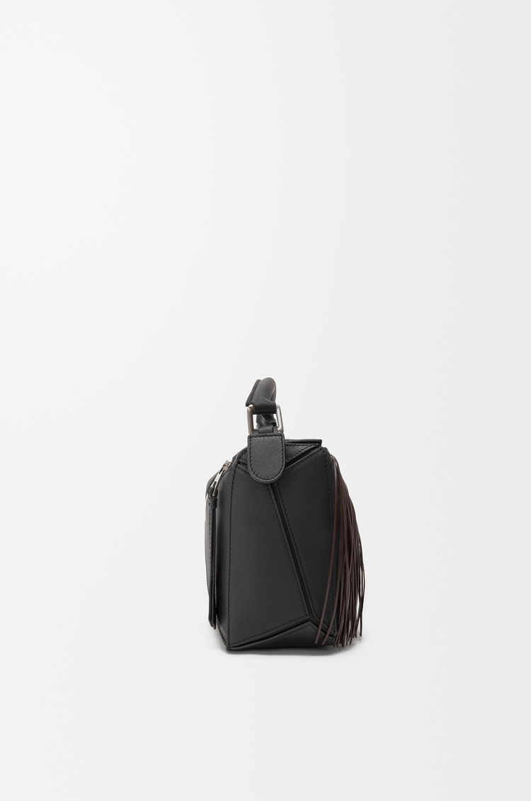 LOEWE Fringe small Puzzle bag in classic calfskin Black/Dark Chestnut
