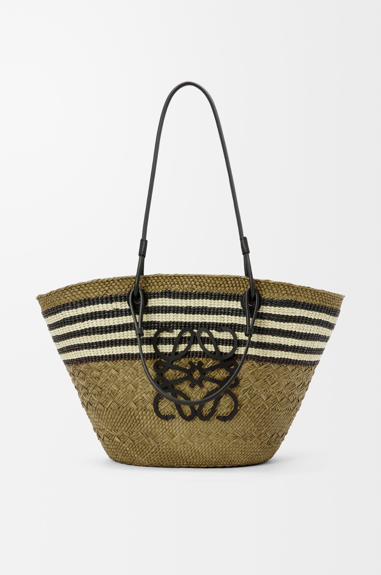 LOEWE Medium Anagram basket in iraca palm and calfskin Dark Khaki/Black