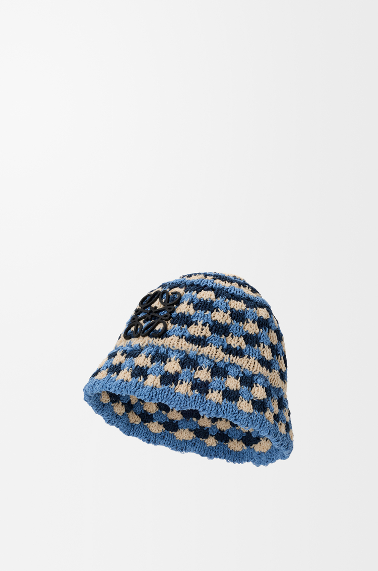 LOEWE Patch crochet bucket hat in raffia and calfskin Navy/Sky Blue